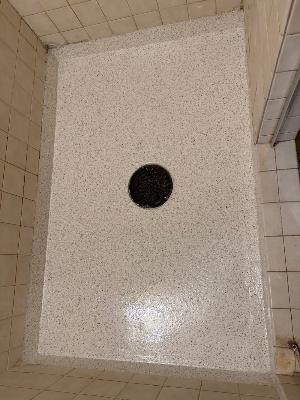 Clean shower floor with a central drain, featuring a textured, speckled surface.