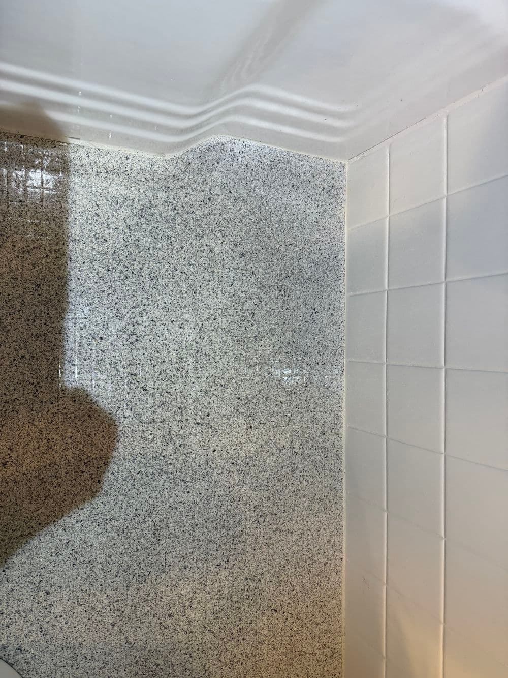 Bathroom corner with contrasting granite and tiled surfaces, showcasing clean lines.