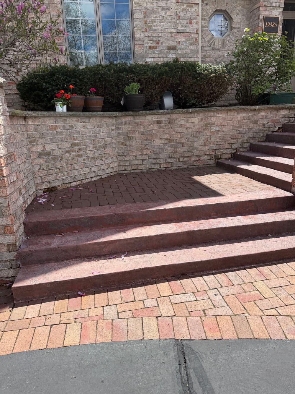 Brick pathway with steps leading to a house, bordered by potted flowers and shrubs.
